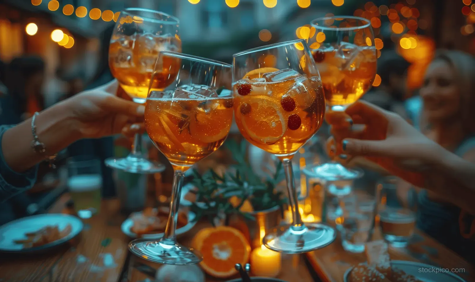 Friends clink amber cocktail glasses at a warmly lit night bar with appetizers and bokeh lights on the table.