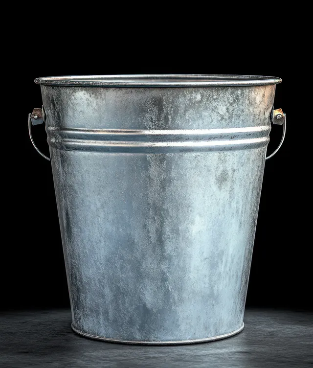 Weathered metal bucket with two side handles isolated on a dark background, showing scratched metallic texture.