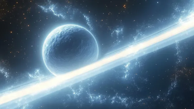 Blue planet in deep space illuminated by a bright sweeping beam through surrounding stars and nebula.