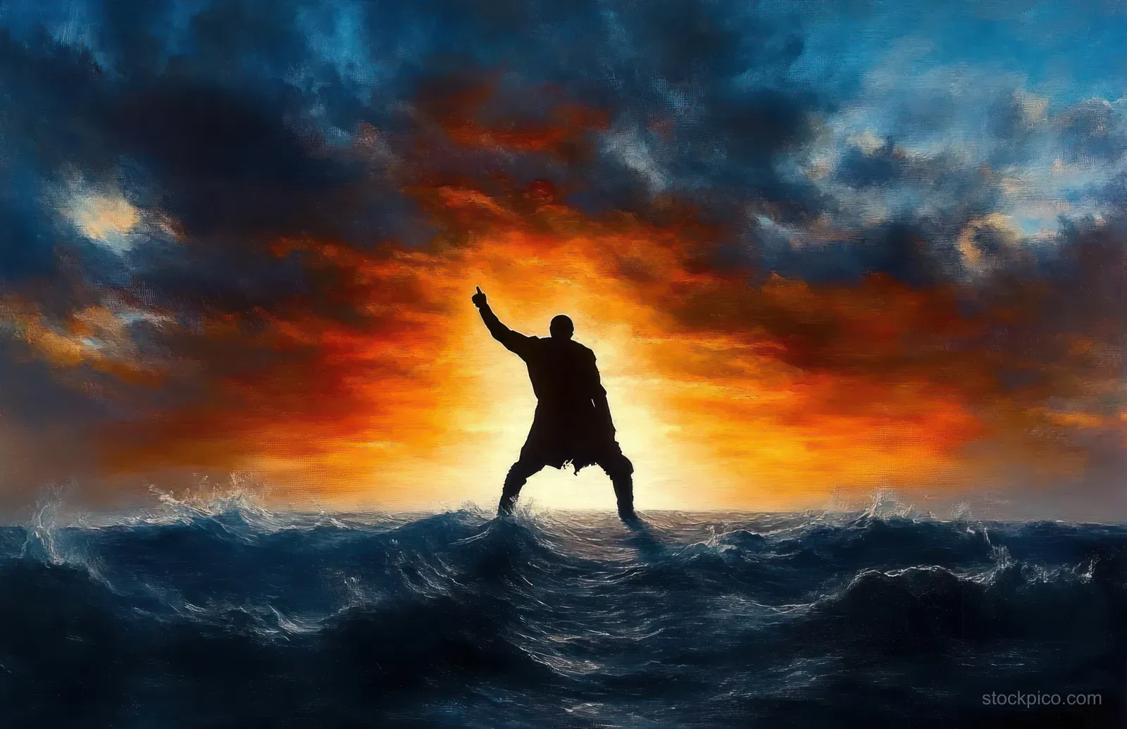A lone silhouette stands on rough ocean waves with one arm raised against an orange and blue sunset sky.