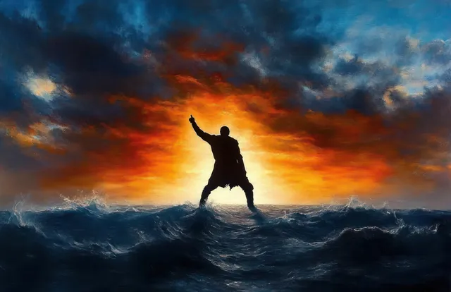 Silhouette stands in churning ocean waves with one arm raised under fiery sunset clouds