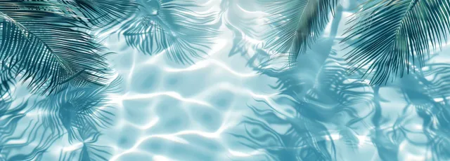 Palm leaf shadows and bright ripples shimmer across a sunlit water surface.