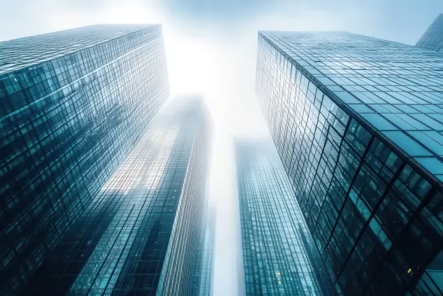 Two tall blue glass skyscrapers rise upward into bright mist, with mirrored reflections on their facades.