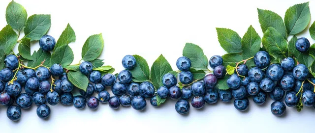 Fresh blueberries with green leaves arranged on white background, crisp studio still life