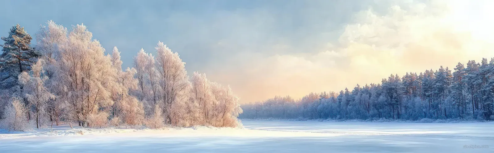 Panorama of a frozen lake in Finland with frosted conifer trees along the shoreline under a pale sky.