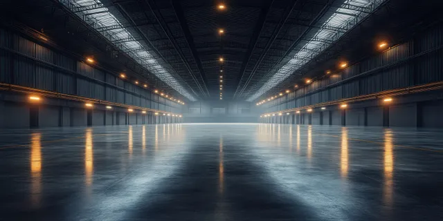 Empty industrial warehouse interior with rows of overhead lights and reflections on a polished concrete floor.