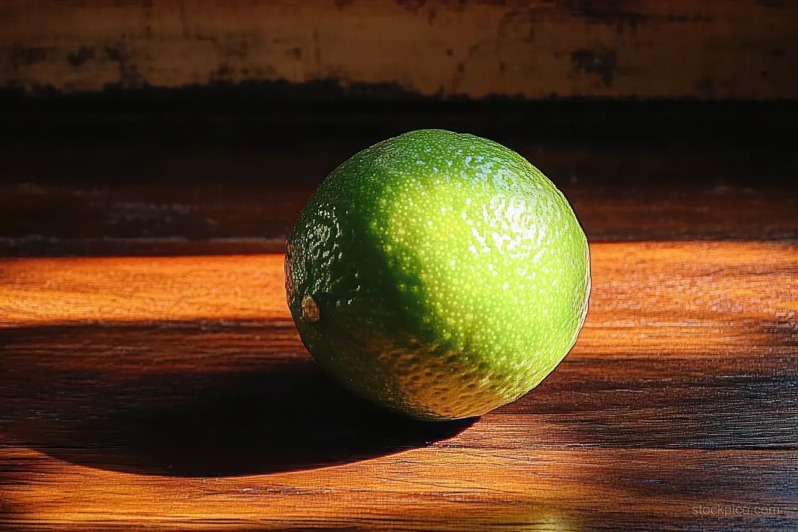 A whole green lime lies on a dark wooden table with warm light casting soft shadows.
