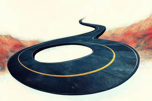 An empty looped asphalt road curves through sandy terrain with yellow lane markings in a surreal perspective.