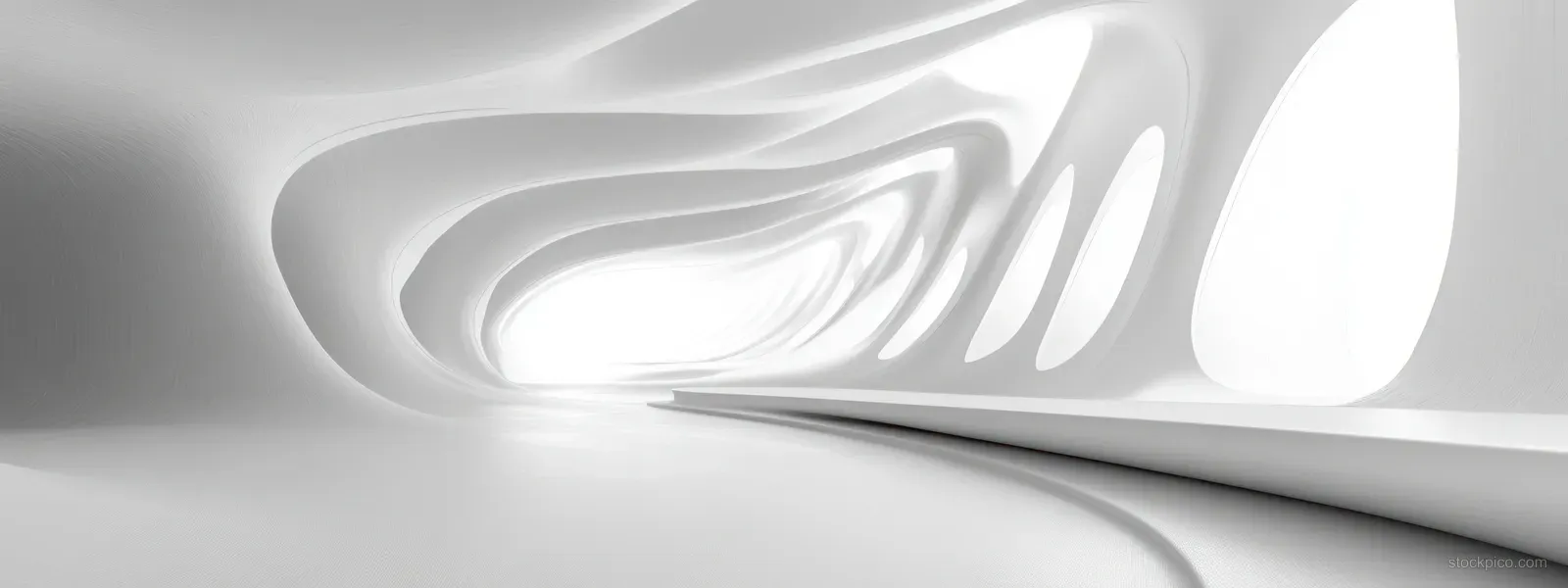 White circular corridor interior with smooth ring walls and soft light reflections in a 3D render.