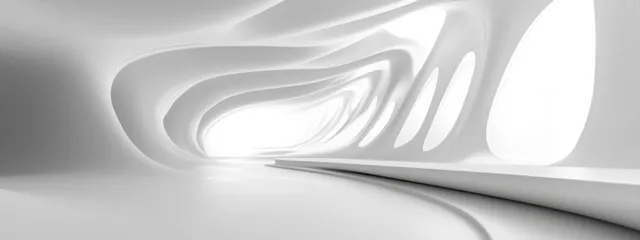 White circular corridor interior with smooth ring walls and soft light reflections in a 3D render.