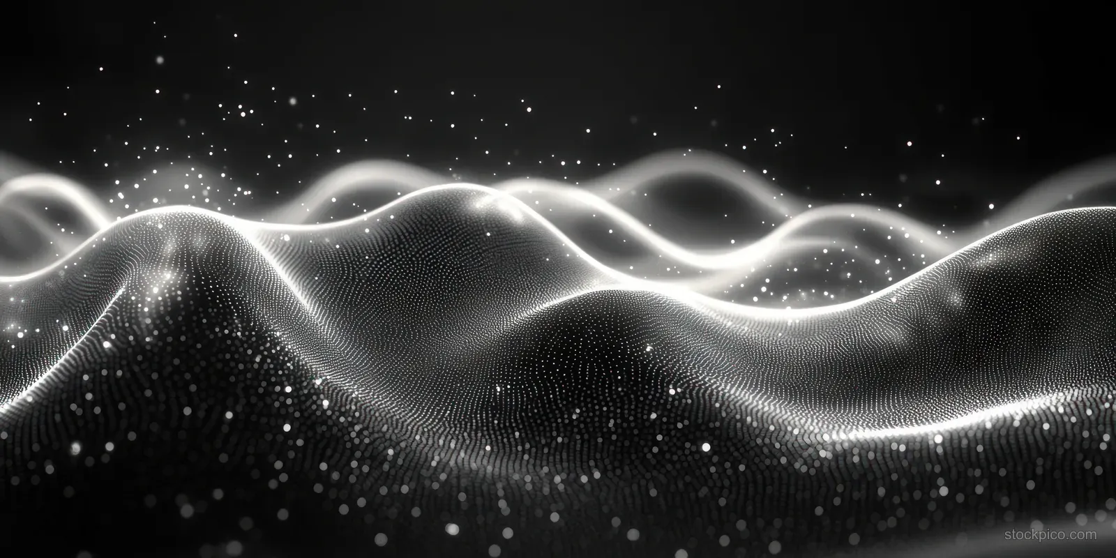 Glowing wavy white lines ripple across a dark background with subtle spark-like particles.