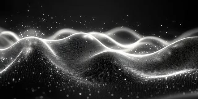 Glowing wavy white lines ripple across a dark background with subtle spark-like particles.