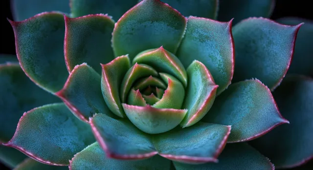 Close-up of a green succulent rosette with red-edged leaves arranged in a spiral pattern.