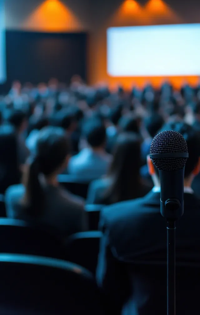 Microphone in foreground as a speaker talks to a seated corporate audience in a conference seminar room.