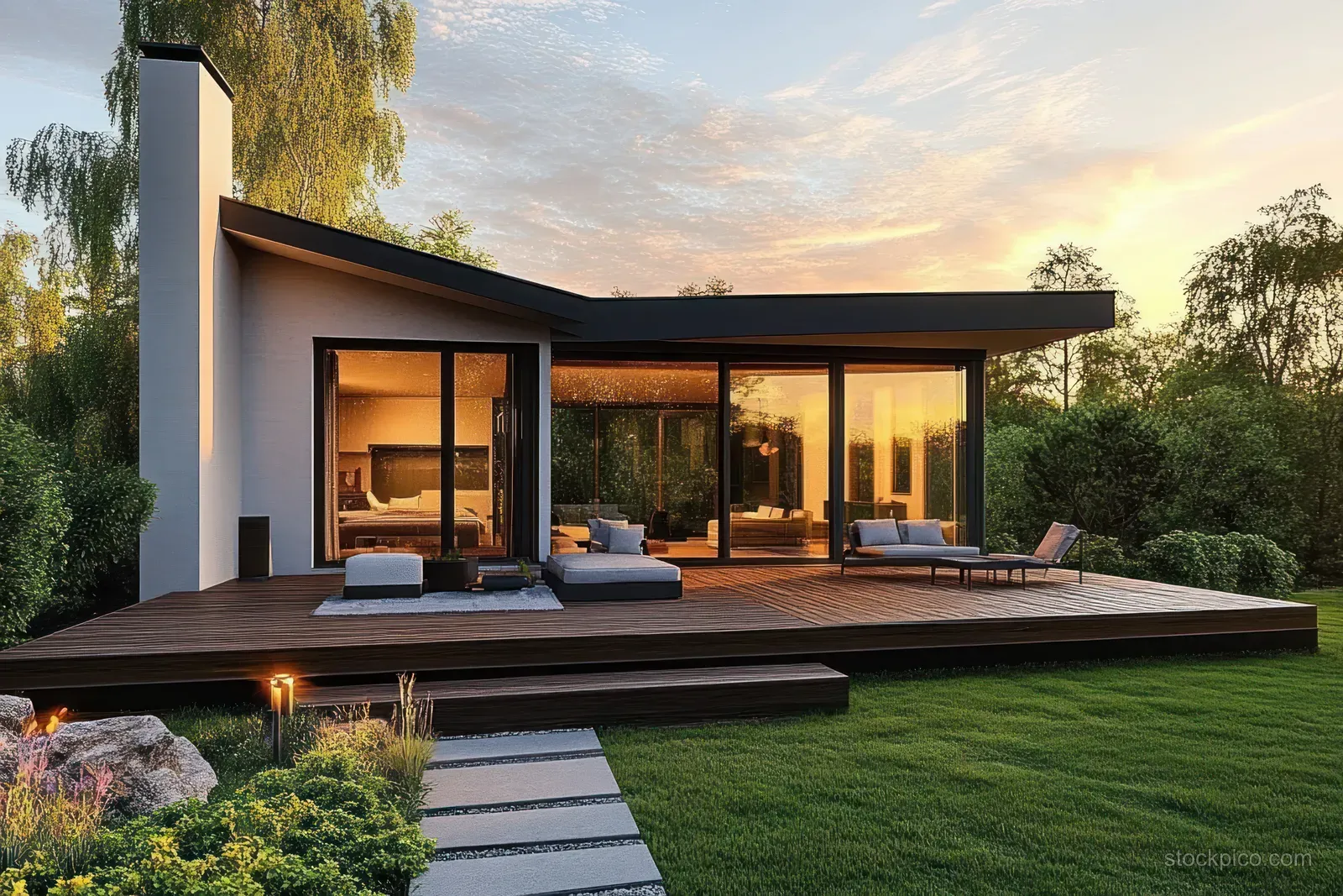 Modern house patio with lounge seating, warm glass light, and a green lawn under a sunset sky.