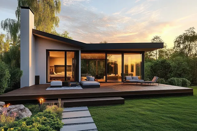 Modern house patio at golden sunset with lounge chairs and glowing warm glass.