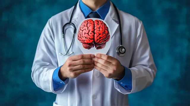 Doctor in white coat holding paper cutout of human brain with stethoscope
