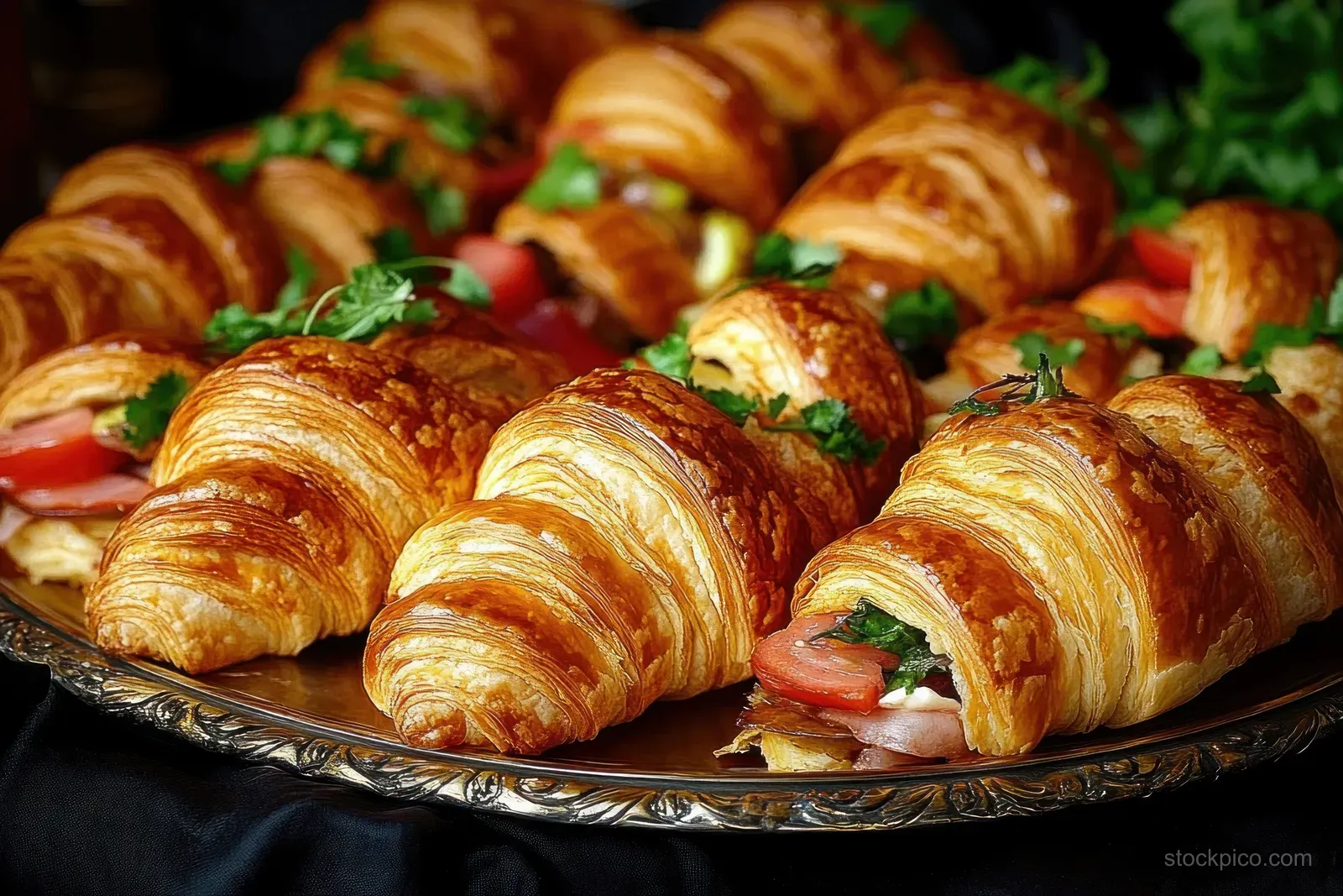 Flaky golden croissant sandwiches on an ornate silver platter with tomato, greens, and deli meat.