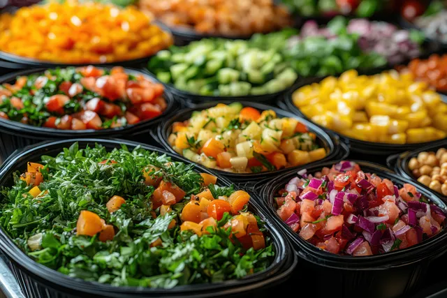 Colorful gourmet salads arranged in black takeaway containers for delivery service