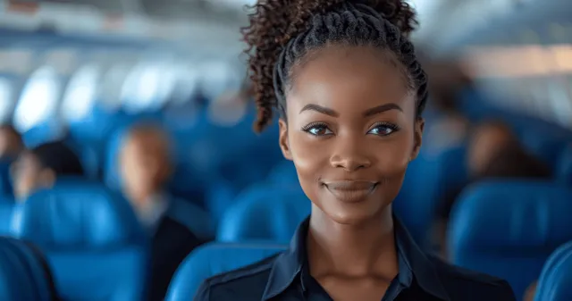 Smiling African American flight attendant stands in an airplane cabin aisle with blue seats behind her.