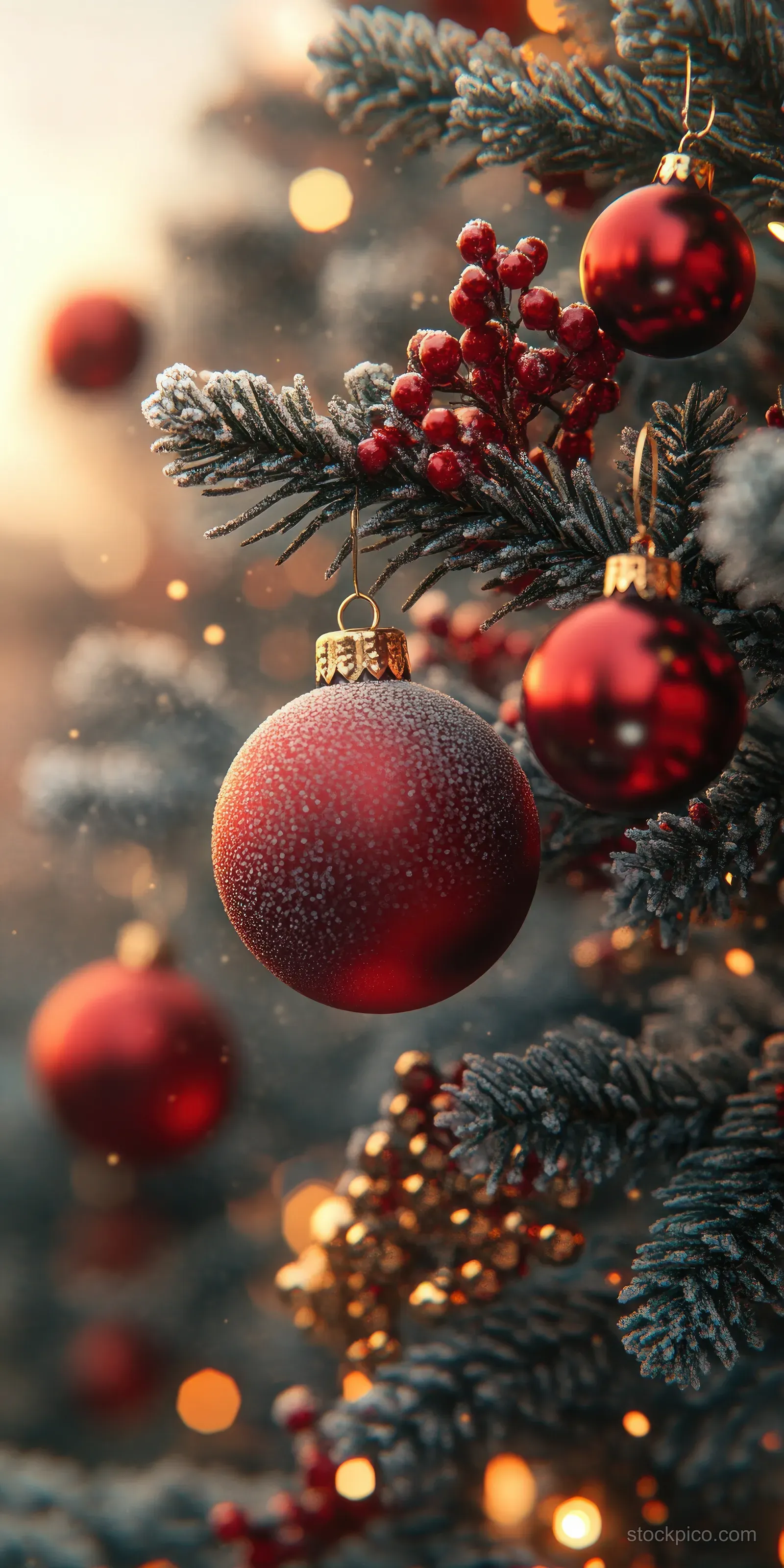 Snow-dusted Christmas tree branches with red and gold ornaments glow under warm bokeh lights.