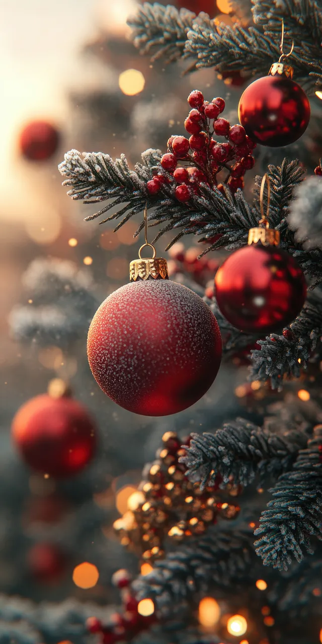 Snow-dusted Christmas tree branches with red and gold ornaments glow under warm bokeh lights.