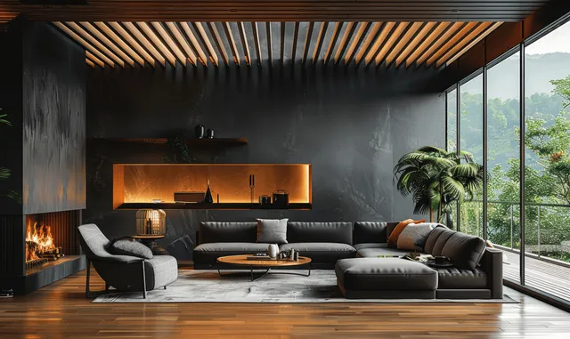 Dark living room interior with sofa, armchairs, and a fireplace glowing beside a panoramic window.