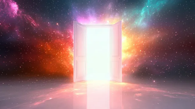 An open white door emits bright light into a colorful star-filled cosmic nebula.