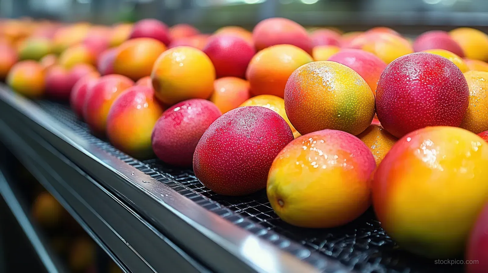 Ripe mangoes with red and yellow skins sit on a conveyor belt in a fruit packing line.