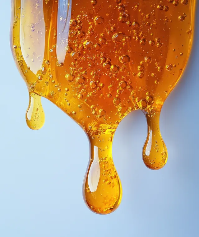 Golden oil droplets spill from a fish oil capsule edge onto a white background in a viscous stream.