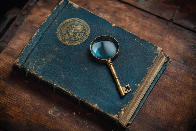 A worn blue book with a gold emblem sits on a wooden desk beside a key-shaped antique magnifying glass.