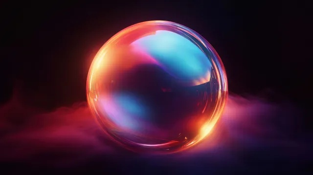 A glowing transparent sphere with blue and orange reflections surrounded by colorful mist on a dark background.