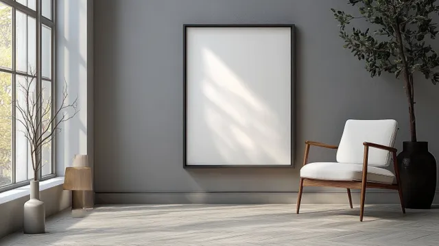 A white chair sits beside a blank framed artwork on a gray wall with sunlight shadows from a nearby window.