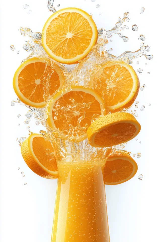 Orange juice splash with floating citrus slices and droplets against clean white backdrop