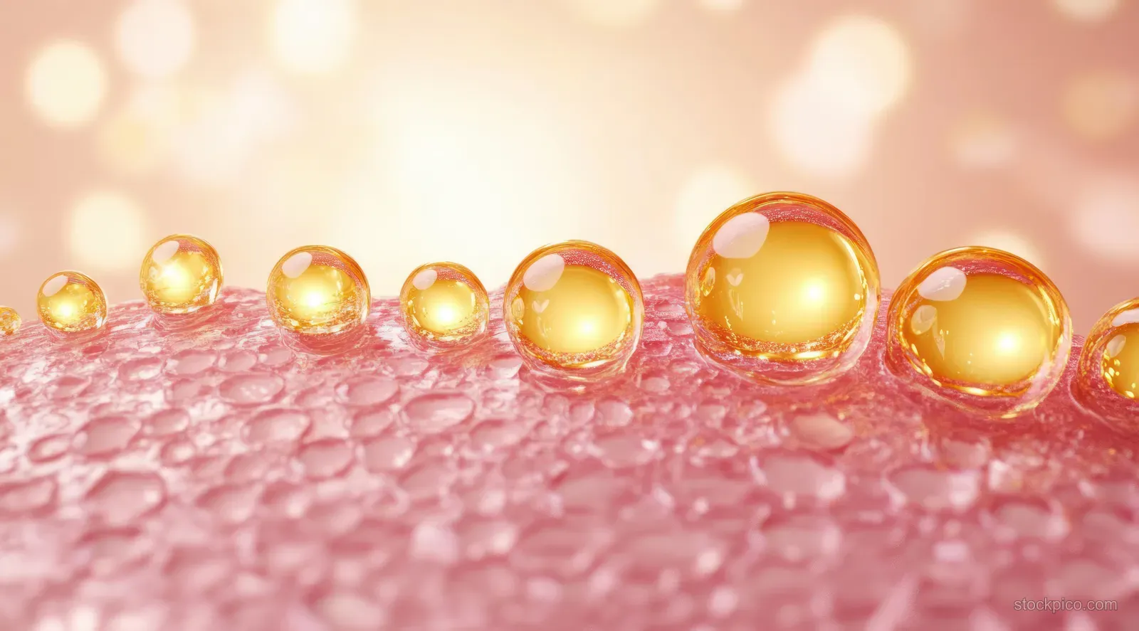 Golden moisture droplets sit on a smooth pink textured surface in a macro skincare style view.