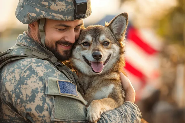 Smiling soldier in camouflage warmly hugs a happy dog with American flag blur at sunset