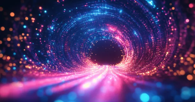 Blue and pink neon lights form a swirling tunnel vortex flowing into a dark center with glowing particles.