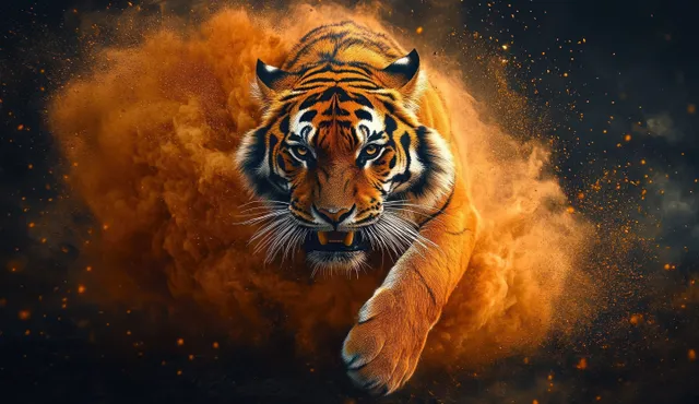 A tiger lunges forward through orange dust with intense eyes against a dark background.