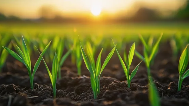 Young green seedlings sprout from dark fertile soil while sunrise light glows in the background.