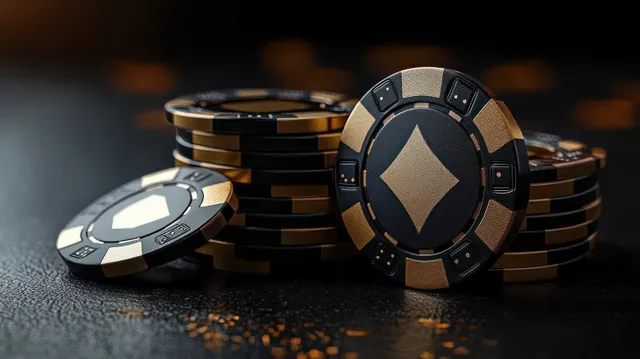 Black and gold poker chips stacked with aces, dramatic lighting on dark textured surface
