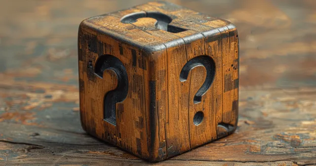 A wooden cube with embossed question marks on a table, representing Q&A business support.