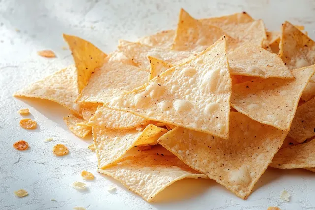 Triangular tortilla chips with light salt crystals piled on a textured light surface.