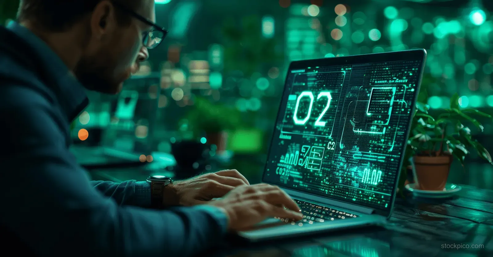 A business analyst reviews a laptop dashboard with CO2 emission charts glowing in a green data environment.