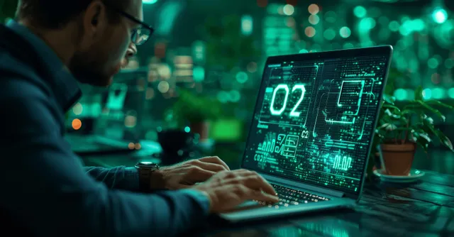 Analyst reviews circular economy dashboard on laptop with CO2 charts in green data room