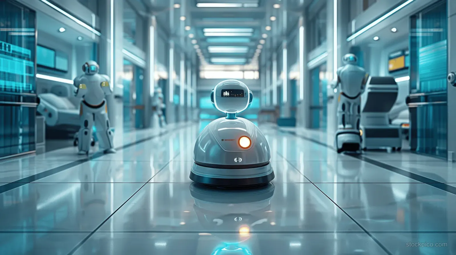 Futuristic hospital cleaning robots move down a clean hallway, sweeping and projecting disinfecting light onto the floor.