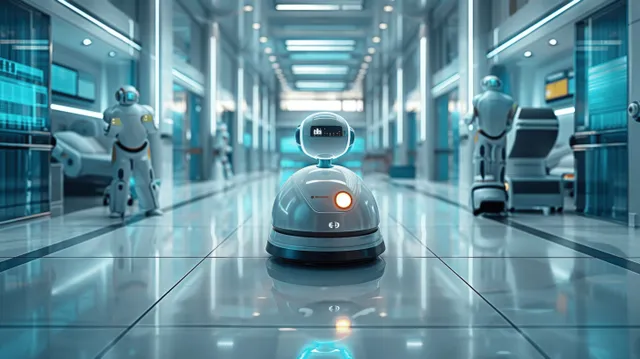 Futuristic hospital cleaning robots move down a clean hallway, sweeping and projecting disinfecting light onto the floor.