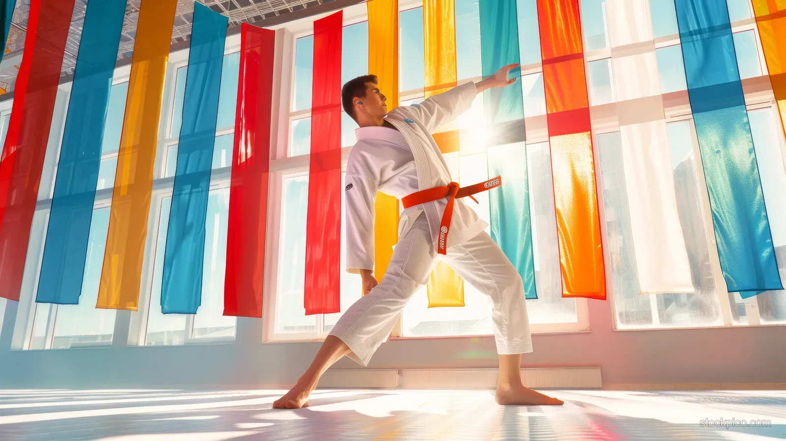 Taekwondo athlete kicks high inside a bright dojang with colorful hanging flags behind.