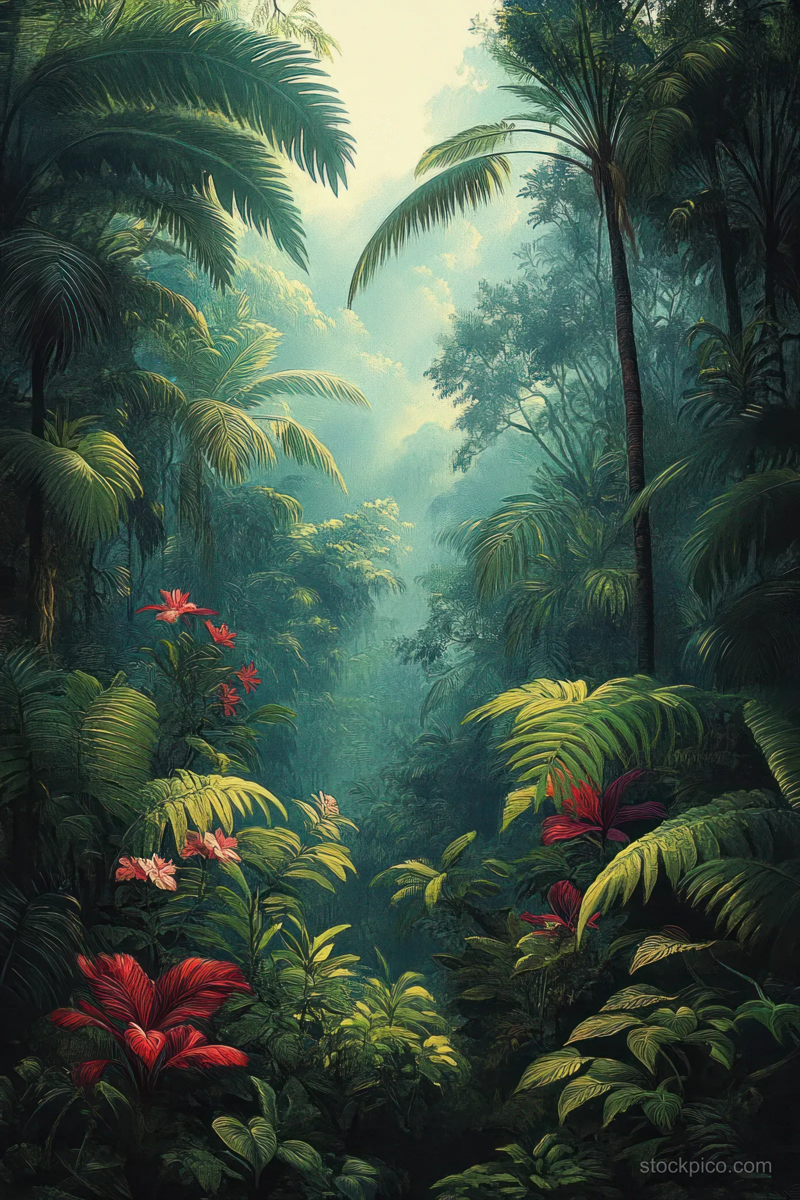 Misty Art Nouveau jungle illustration with layered exotic leaves and ornate foliage in deep green tones.