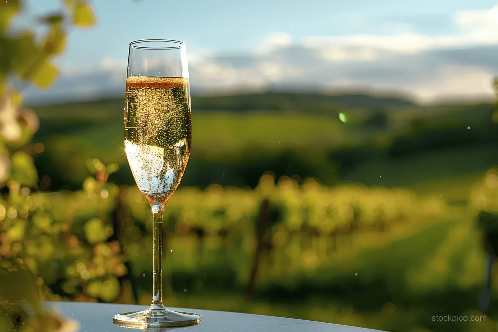 A champagne flute filled with sparkling bubbles stands on a table with a green vineyard and blue sky in the background.