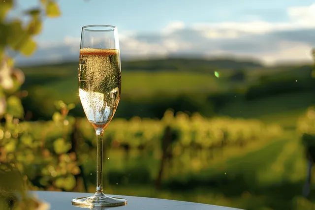 Champagne flute with golden bubbles on outdoor table overlooking green vineyard